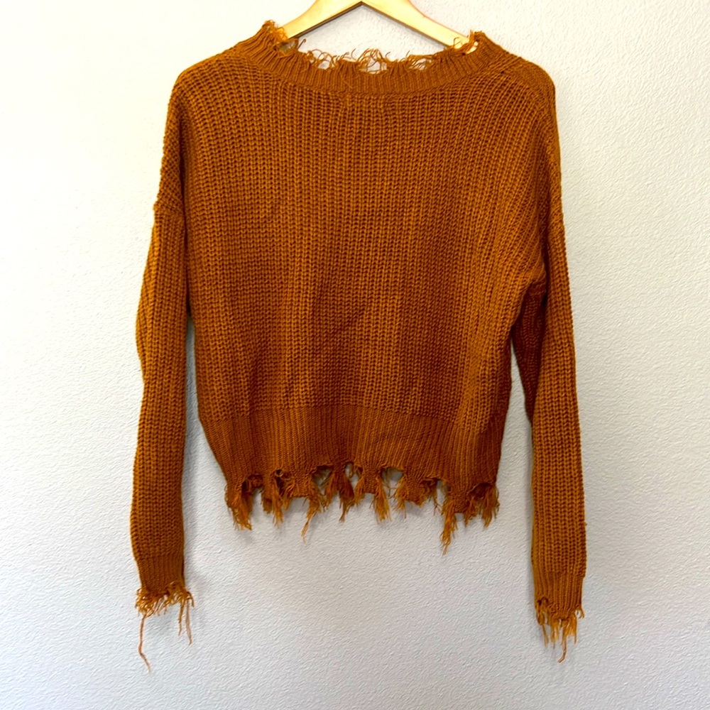 Distressed Cable V-Neck Sweater - Rust - Picture 4 of 8